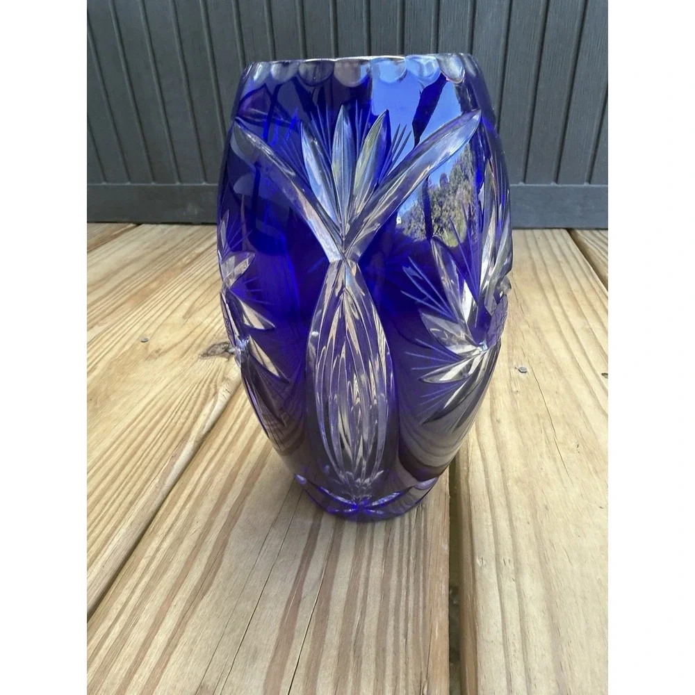 Vintage Kobalt Blue Cut to Clear Crystal Lead Vase 8